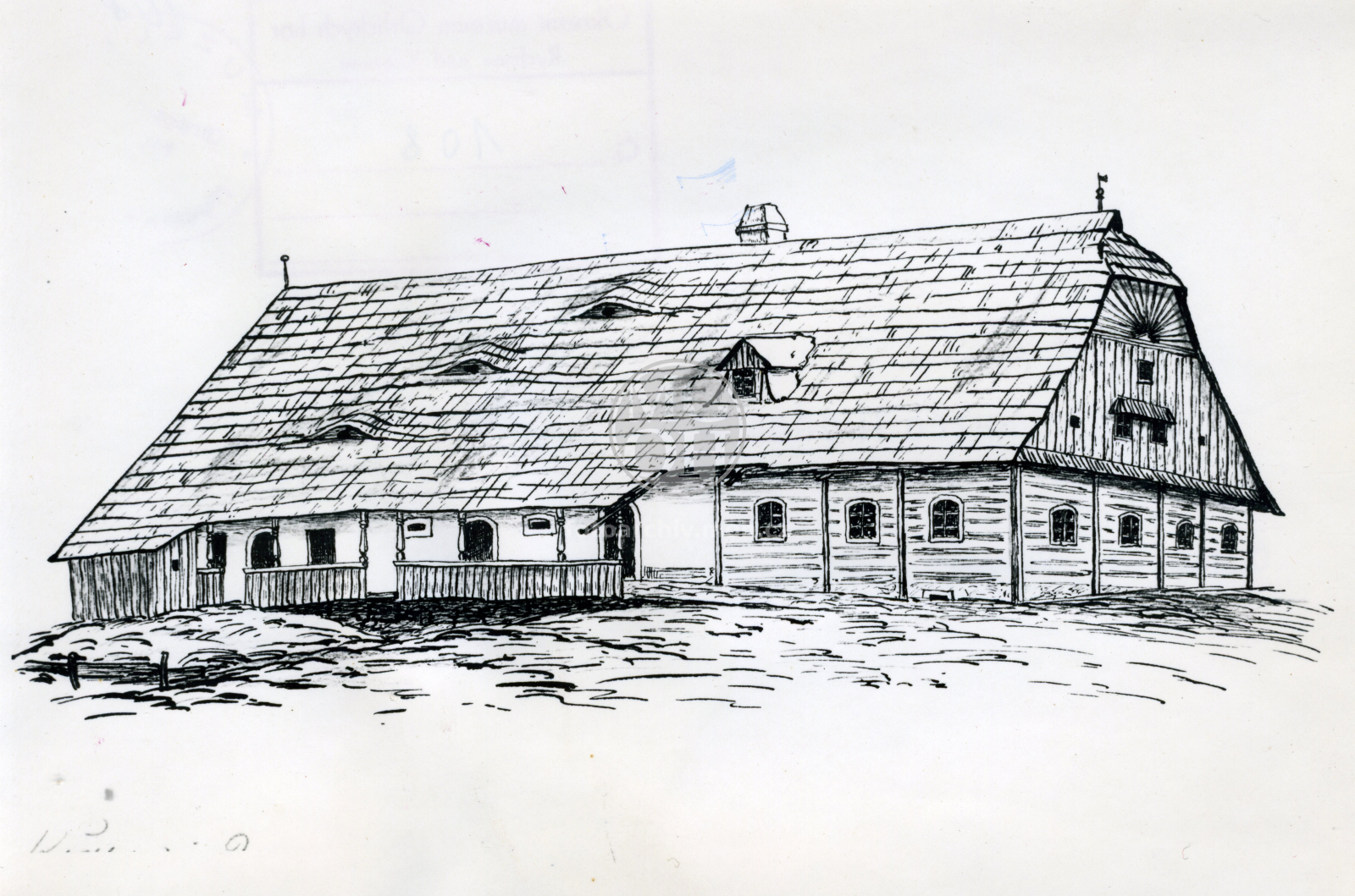 Fotografie - Dům čp. __2, snímek kresby roubené  stavby