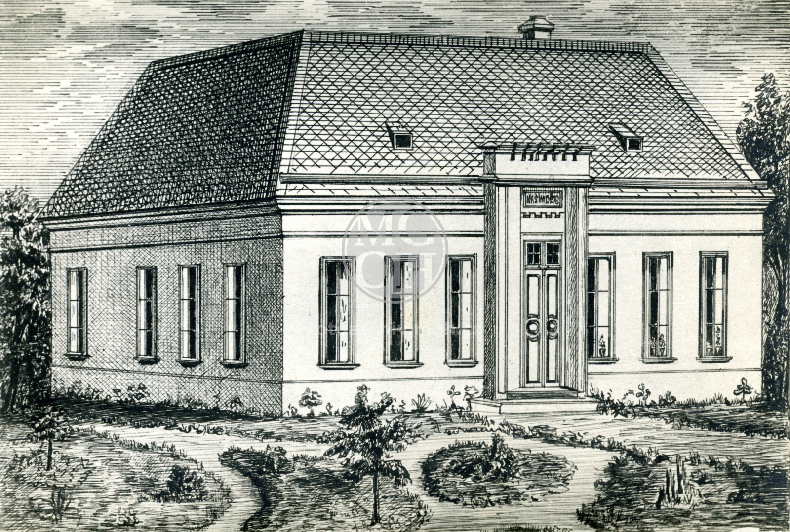 Fotografie - Přízemní škola, vysoká úzká okna, začátek 20.století