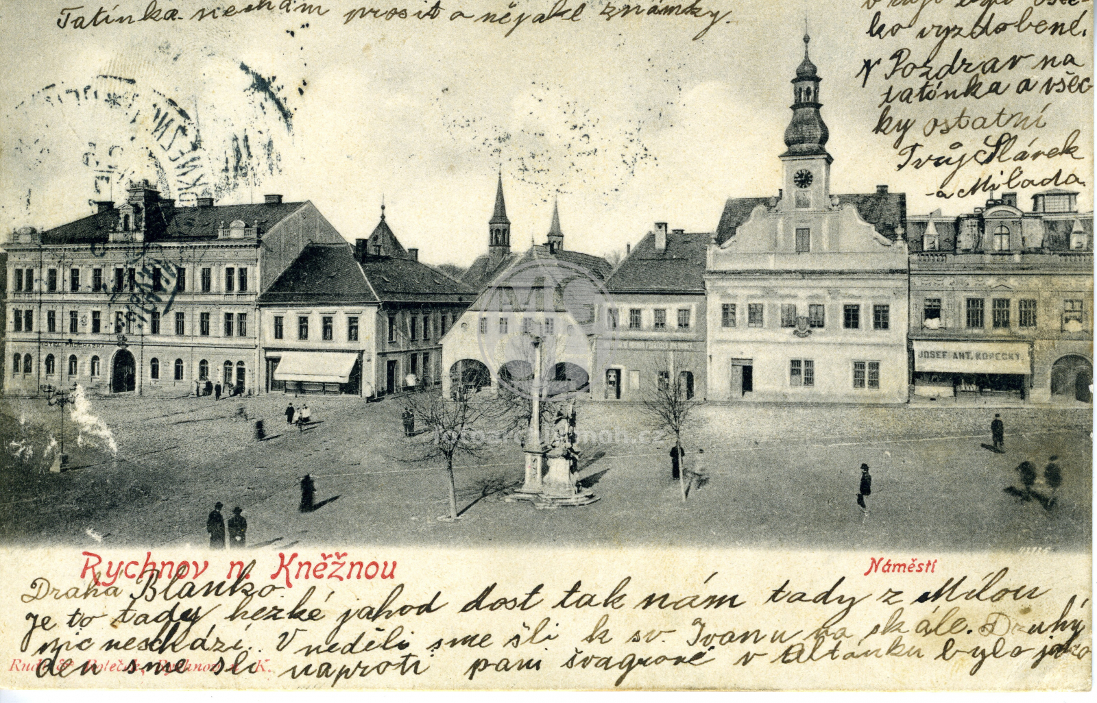 Pohlednice - Náměstí - fronta domů od hotelu Procházka (pozdější Havel) po radnici