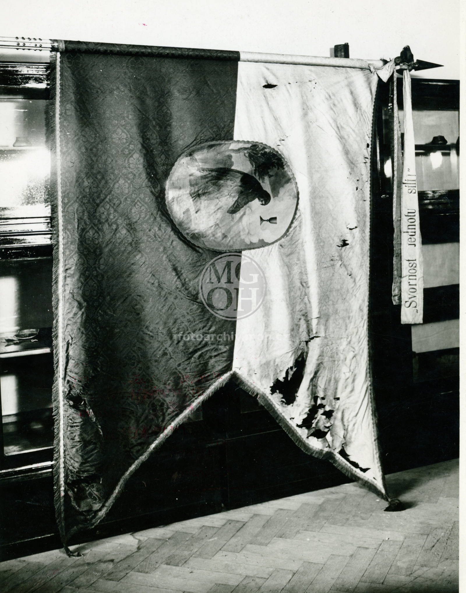 Fotografie - Prapor s klínem a oválným vyšitým obrazem