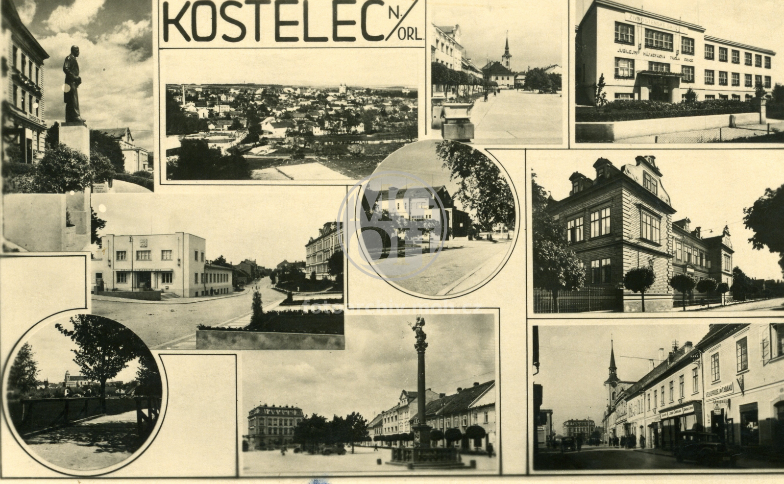 Fotografie - Pohlednice složená z deseti snímků (socha T.G.Masaryka před reálným gymnáziem, celkový pohled, náměstí směrem ke staré radnici, jubilejní masarykova škola práce-nyní zemědělská škola, poštovní úřad, sokolovna …)