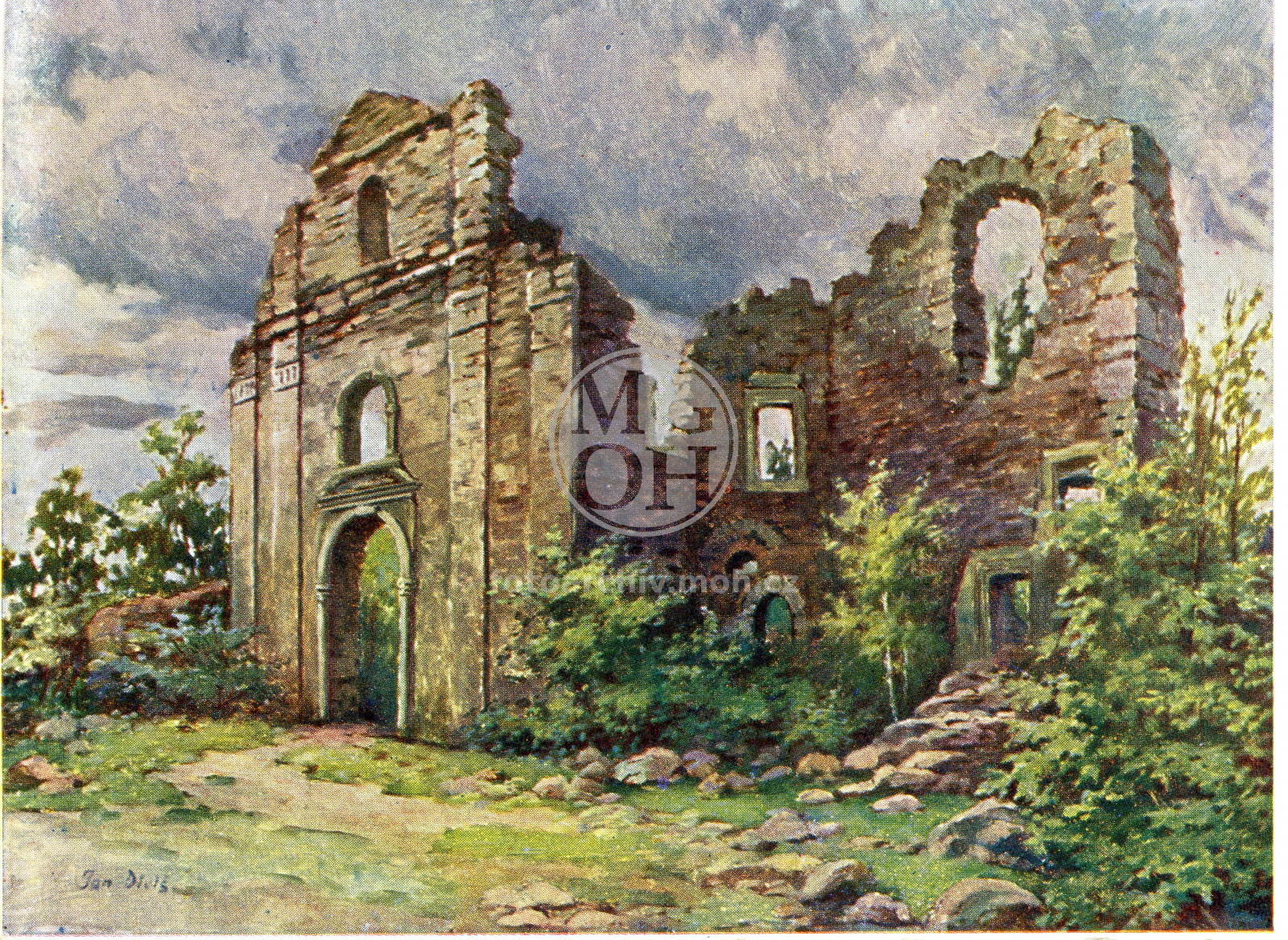 Fotografie - Hrad, zříceniny kostela sv. Jana Nepomuckého (reprodukce kresby Jana Diviše)