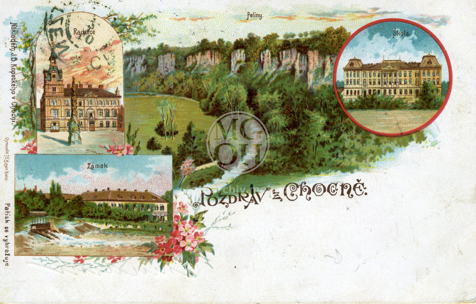 Fotografie - Choceň. Radnice, Peliny, škola, zámek.