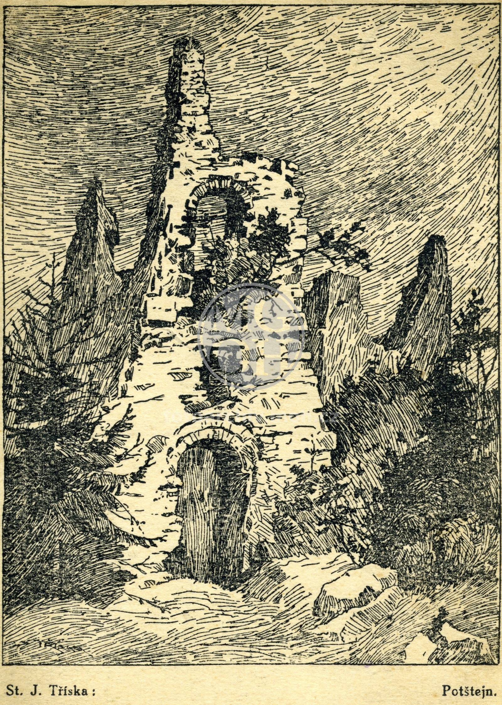 Fotografie - Hrad, zbytky 5. brány (reprodukce kresby St. J. Třísky)