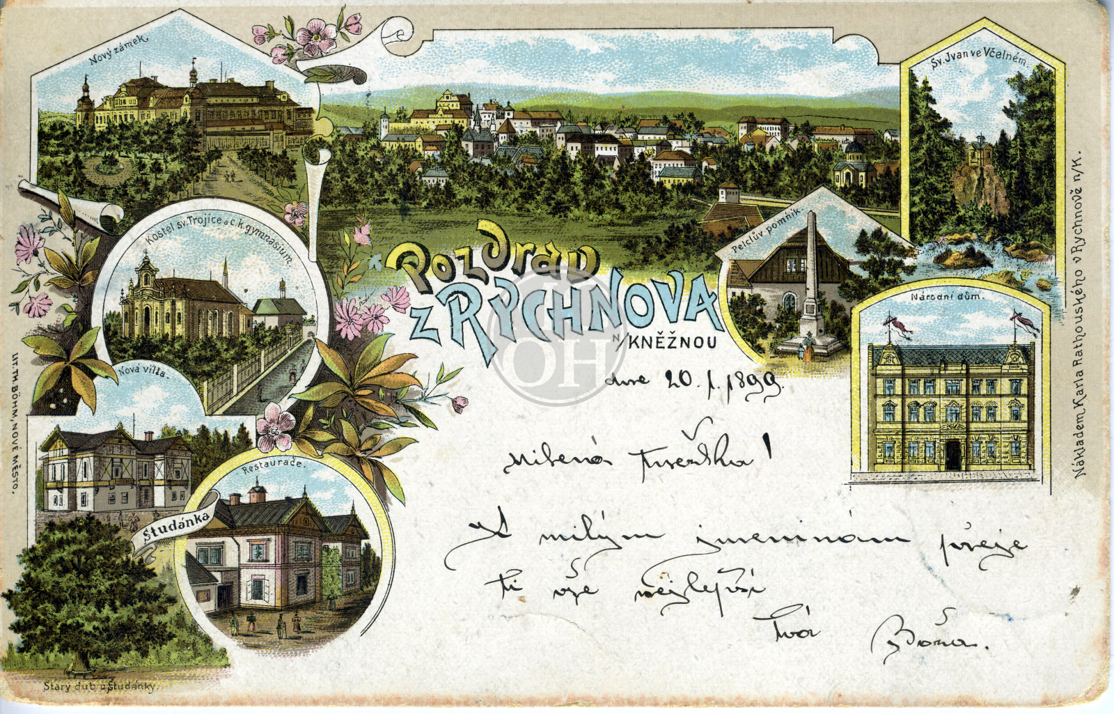 Fotografie - Kombinovaná pohlednice (celkový pohled na Rychnov n. K. a obrázky sedmi dalších pamětihodností města)