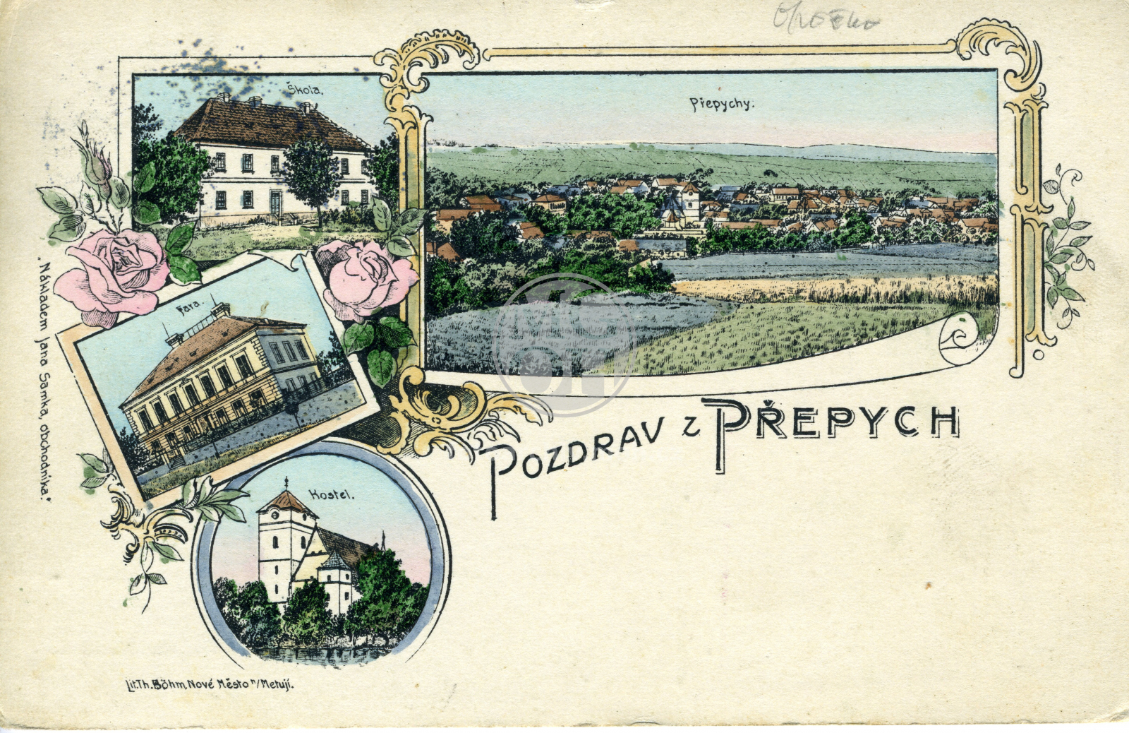 Fotografie - Celkový pohled. Škola. Fara. Kostel.