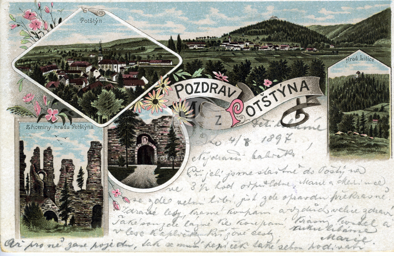 Fotografie - Celkový pohled. Střed městečka Potštejn. Hrad Litice. Zříceniny hradu Potštýna.