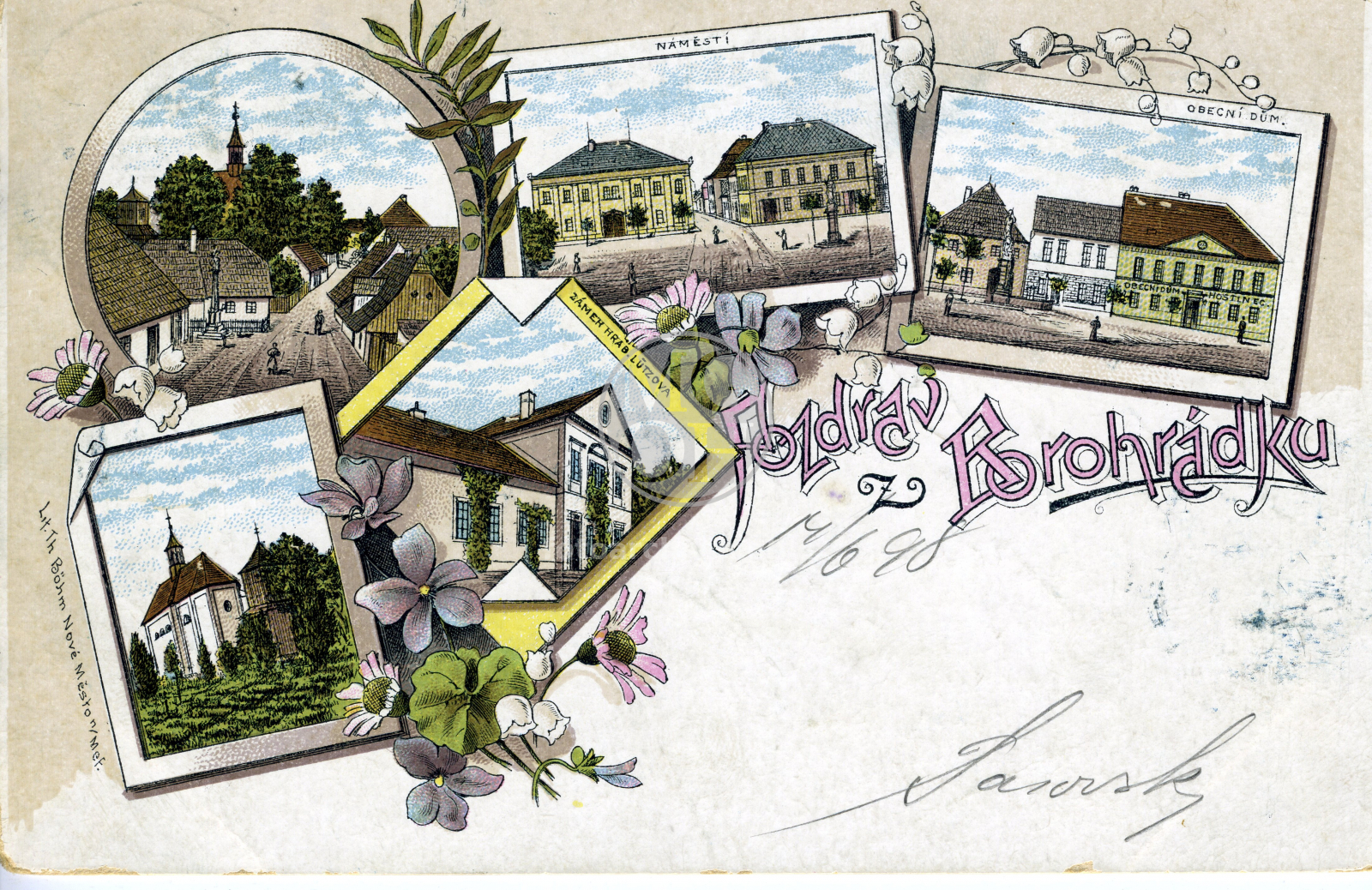 Fotografie - Bělidlo???. Náměstí. Obecní dům. Kostel sv. Michaela Archanděla. Zámek hraběte Lützowa.