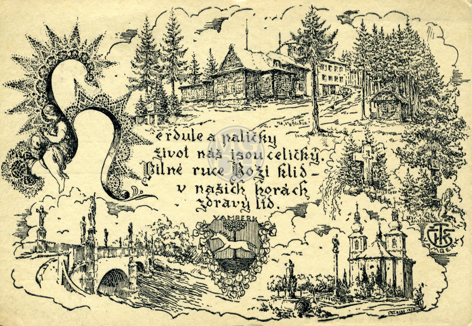 Fotografie - Bednářova chata na Vyhlídce, most, kostel