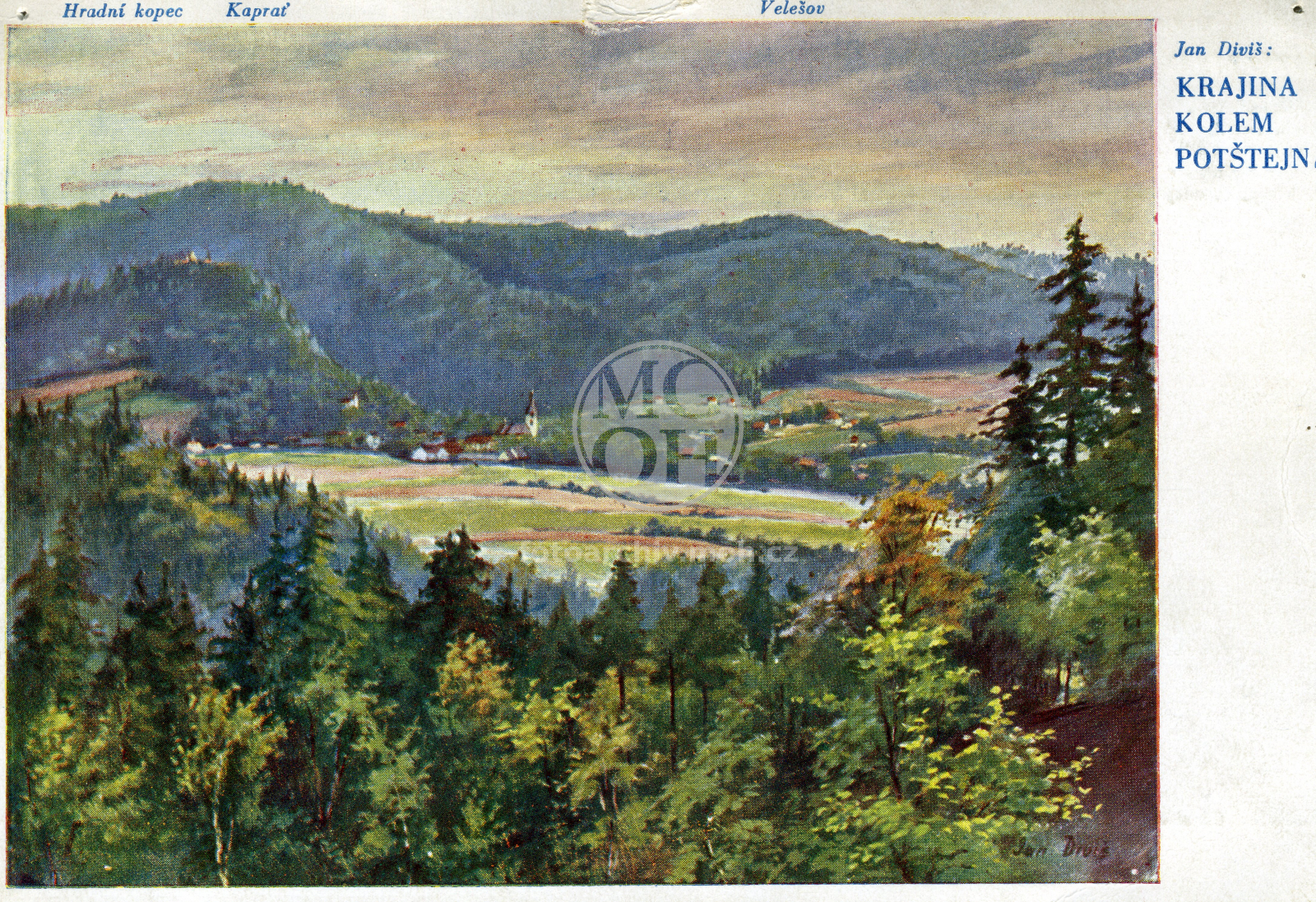 Fotografie - Krajina kolem Potštejna - hradní kopec, Kapraď, Velešov. (reprodukce kresby Jana Diviše)