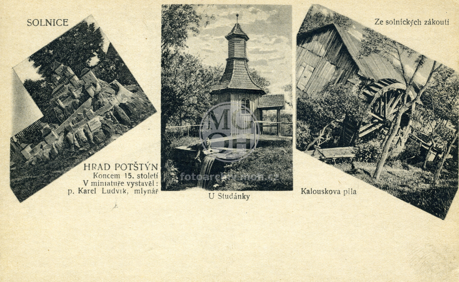Fotografie - Kombinovaná pohlednice (tři fotografie ze Solnice - miniatura hradu Potštejn, U Studánky, Kalouskova pila)