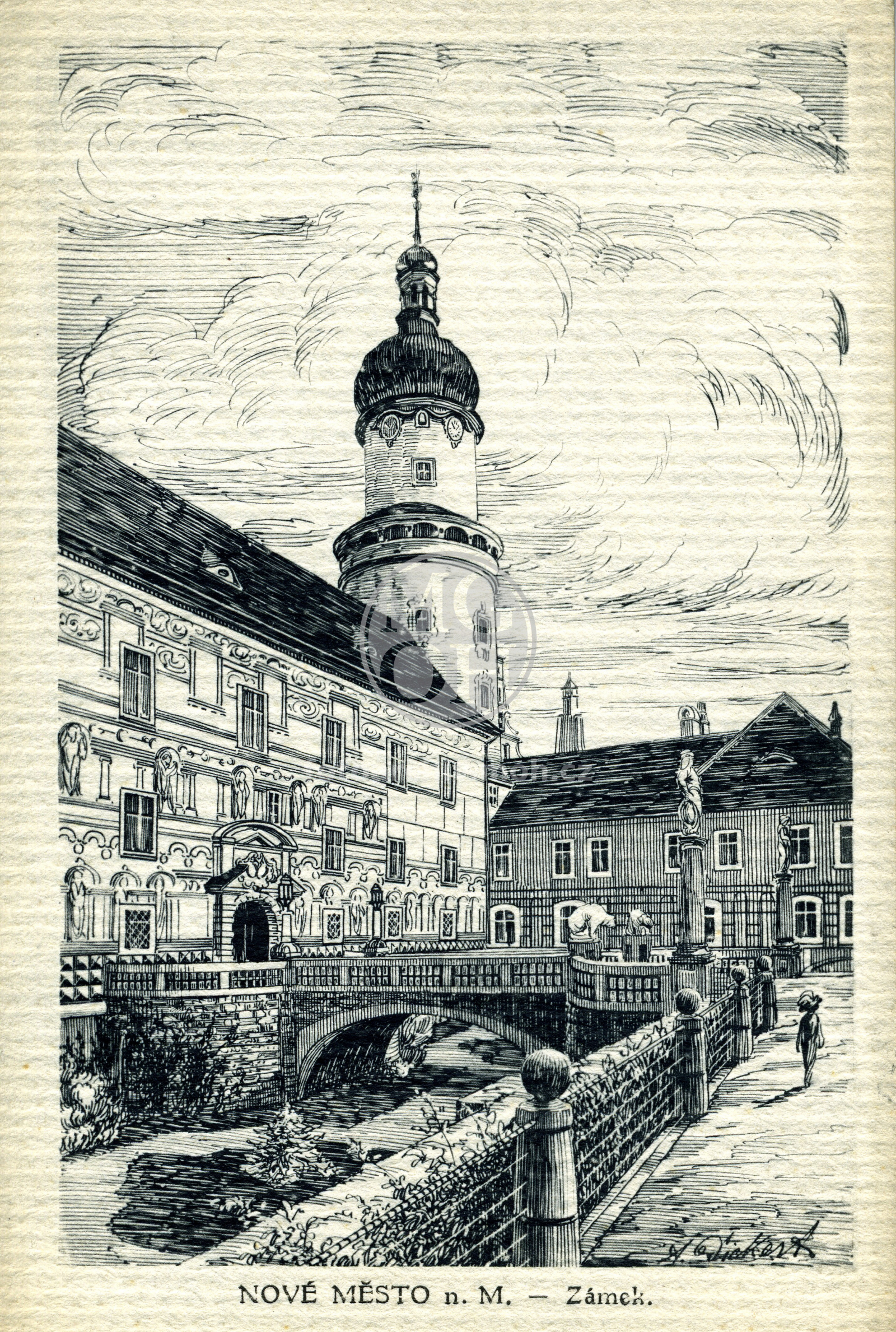 Fotografie - Pohled na vstupní část zámku (reprodukce kresby)