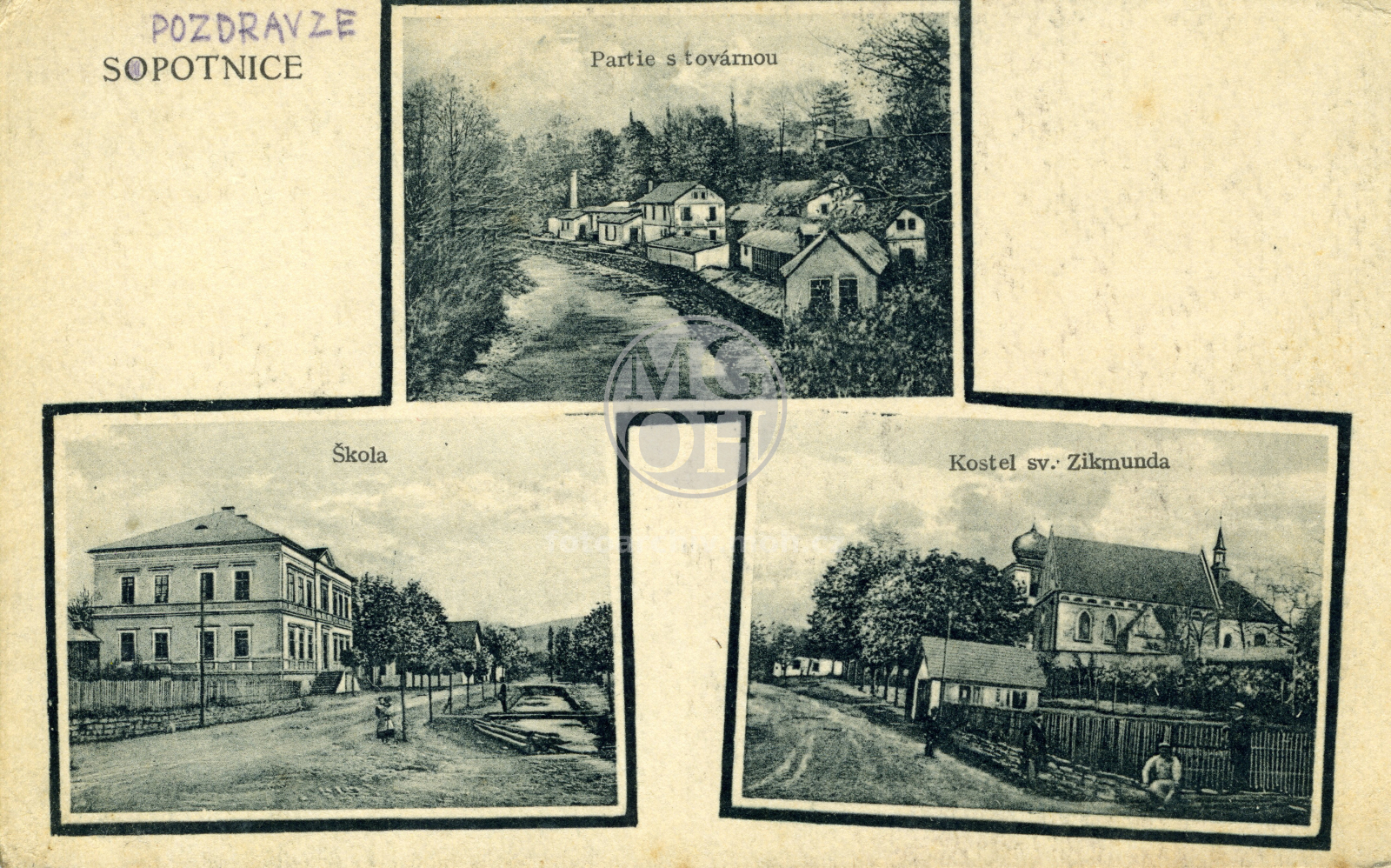Fotografie - Továrna. Škola. Kostel sv. Zikmunda.