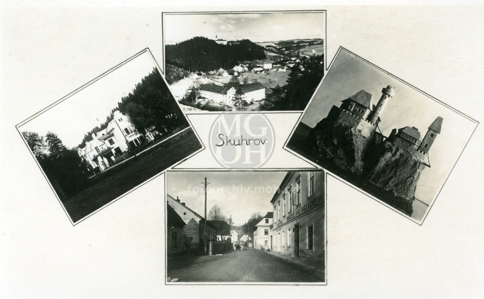 Fotografie - Různé pohledy - Porkertova vila, celkový pohled se Sejkorovnou v popředí, model hradu, ulice s hotelem Pod hradem