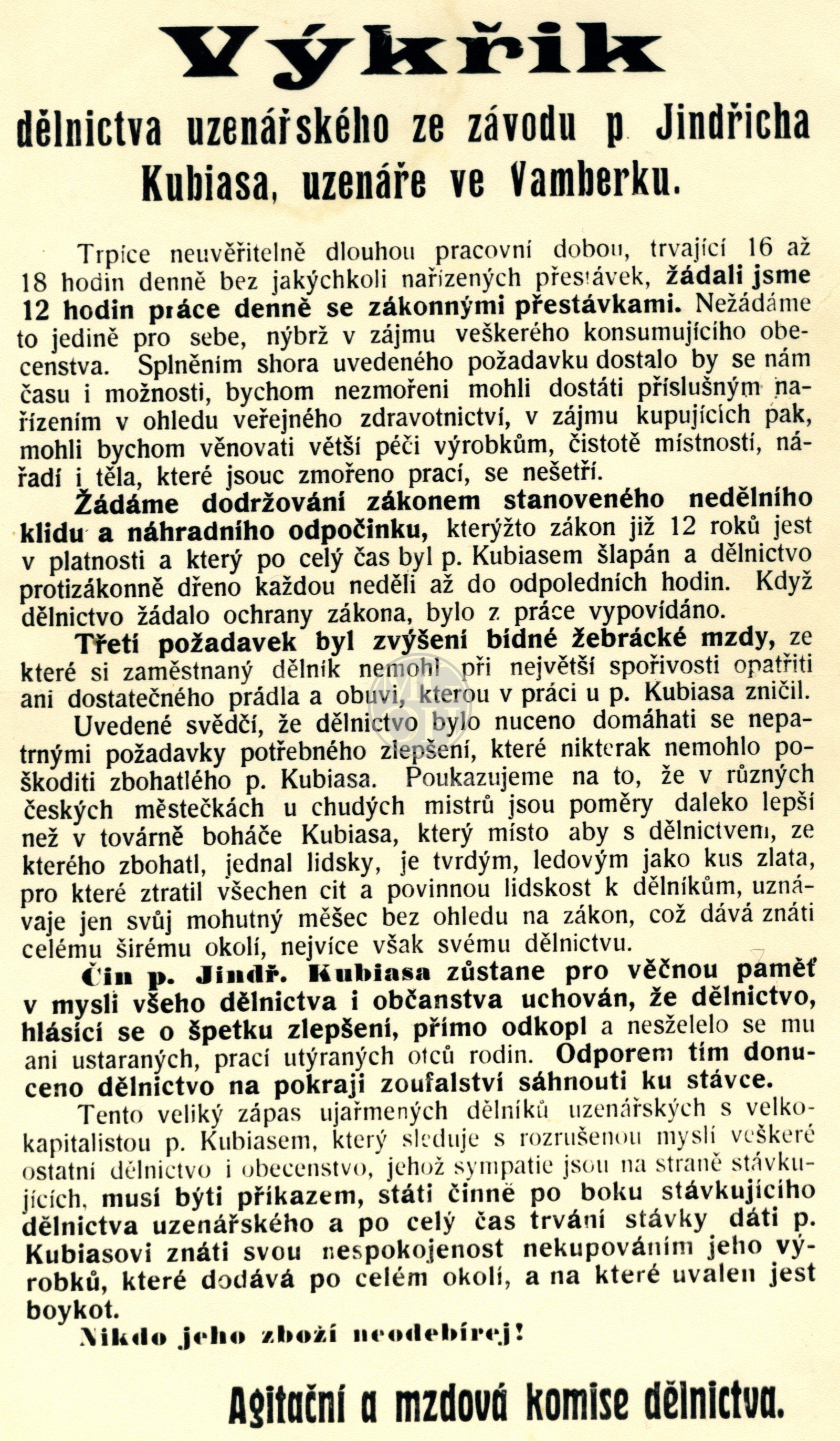 Fotografie - Provolání dělnictva - leták proti neudržitelným podmínkám pracovním a mzdovým