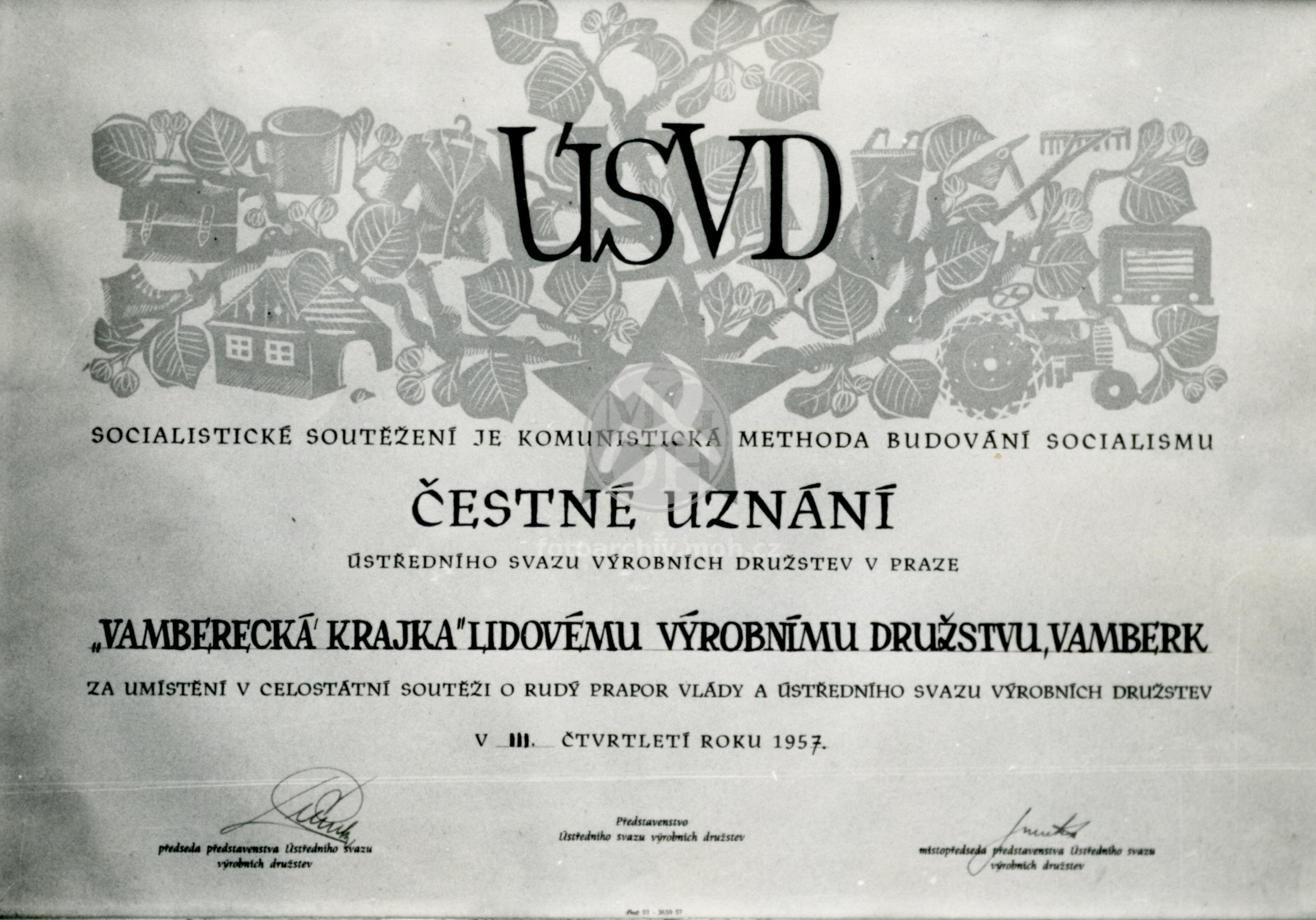 Fotografie - Čestné uznání od Ústř. rady družstev, 3.čtvrt.