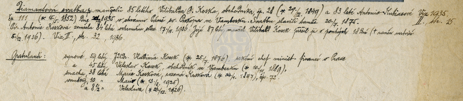 Fotografie - Diamantová svatba
Osoba: Koskovi Vilibald a Antonie